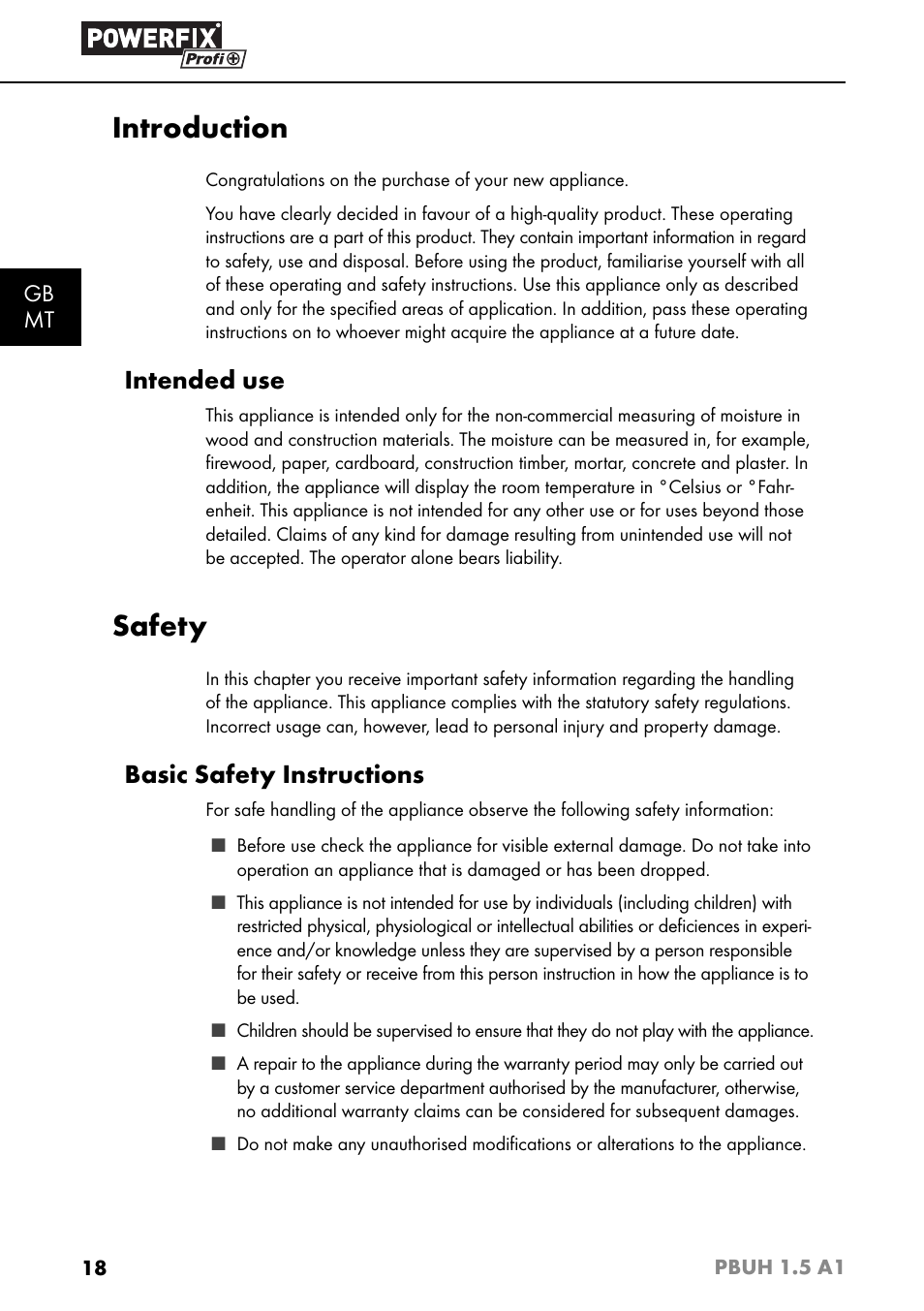 Introduction, Safety, Intended use | Basic safety instructions | Powerfix PBUH 1.5 A1 User Manual | Page 21 / 36