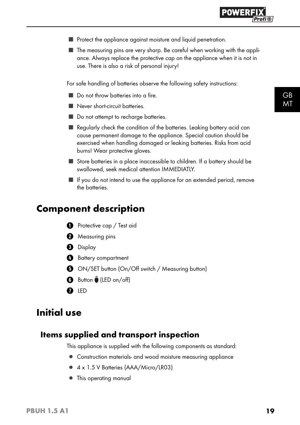 Component description, Initial use, Items supplied and transport inspection | Gb mt | Powerfix PBUH 1.5 A1 User Manual | Page 22 / 36