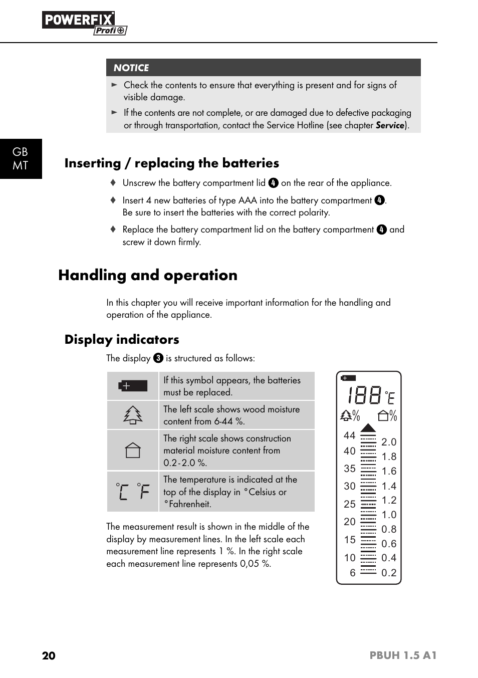 Handling and operation, Inserting / replacing the batteries, Display indicators | Gb mt | Powerfix PBUH 1.5 A1 User Manual | Page 23 / 36