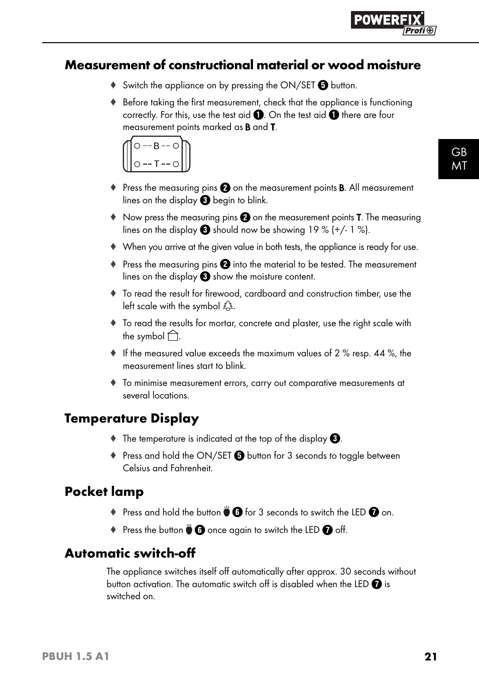 Temperature display, Pocket lamp, Automatic switch-oﬀ | Gb mt | Powerfix PBUH 1.5 A1 User Manual | Page 24 / 36