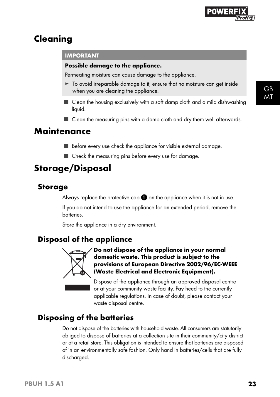 Cleaning, Maintenance, Storage/disposal | Storage, Disposal of the appliance, Disposing of the batteries | Powerfix PBUH 1.5 A1 User Manual | Page 26 / 36