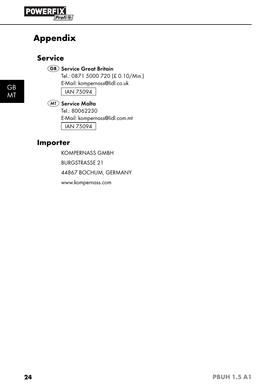 Appendix, Service, Importer | Powerfix PBUH 1.5 A1 User Manual | Page 27 / 36