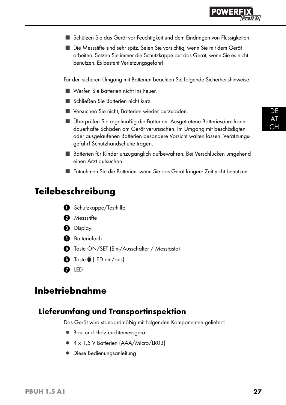 Teilebeschreibung, Inbetriebnahme, Lieferumfang und transportinspektion | Powerfix PBUH 1.5 A1 User Manual | Page 30 / 36