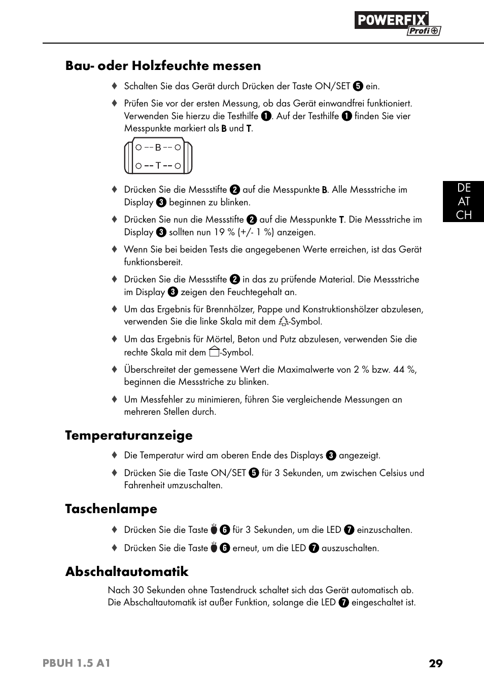 Bau- oder holzfeuchte messen, Temperaturanzeige, Taschenlampe | Abschaltautomatik, De at ch | Powerfix PBUH 1.5 A1 User Manual | Page 32 / 36