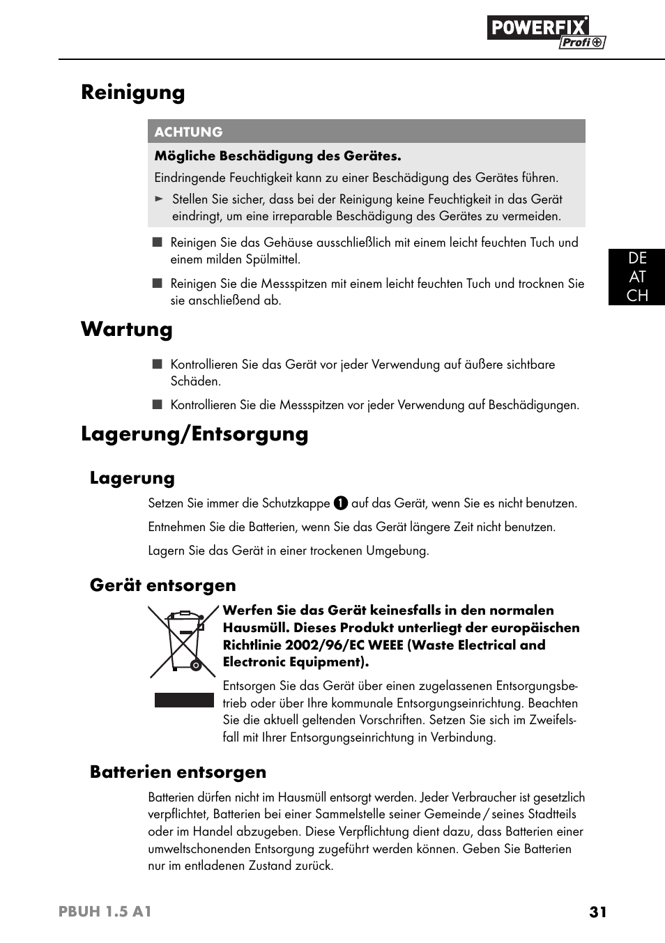 Reinigung, Wartung, Lagerung/entsorgung | Lagerung, Gerät entsorgen, Batterien entsorgen | Powerfix PBUH 1.5 A1 User Manual | Page 34 / 36