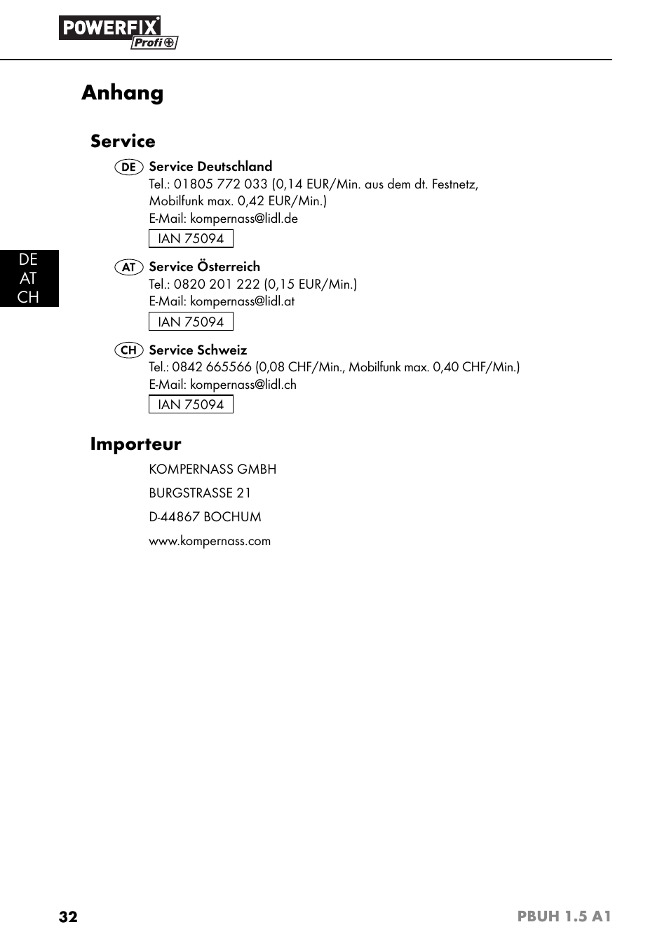 Anhang, Service, Importeur | Powerfix PBUH 1.5 A1 User Manual | Page 35 / 36