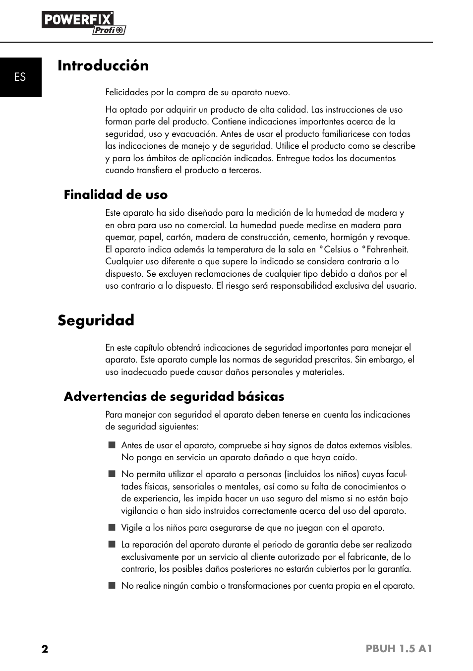 Introducción, Seguridad, Finalidad de uso | Advertencias de seguridad básicas | Powerfix PBUH 1.5 A1 User Manual | Page 5 / 36