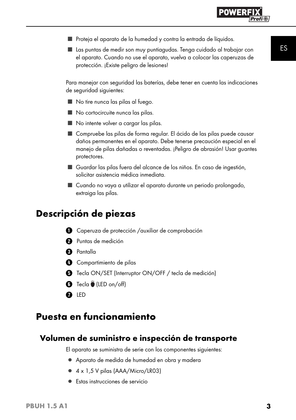 Descripción de piezas, Puesta en funcionamiento, Volumen de suministro e inspección de transporte | Powerfix PBUH 1.5 A1 User Manual | Page 6 / 36