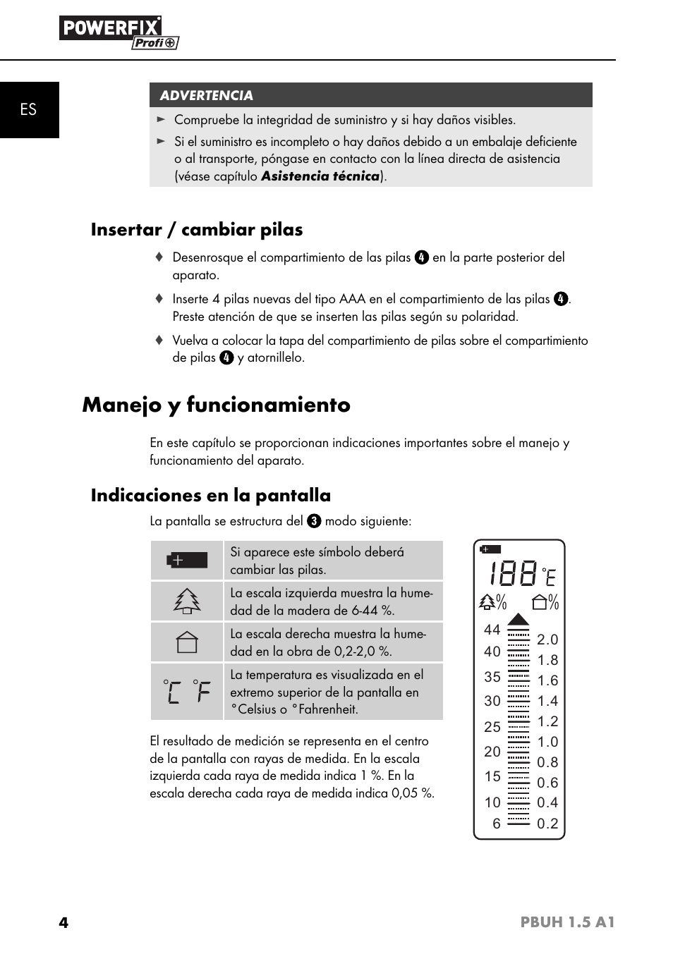 Manejo y funcionamiento, Insertar / cambiar pilas, Indicaciones en la pantalla | Powerfix PBUH 1.5 A1 User Manual | Page 7 / 36