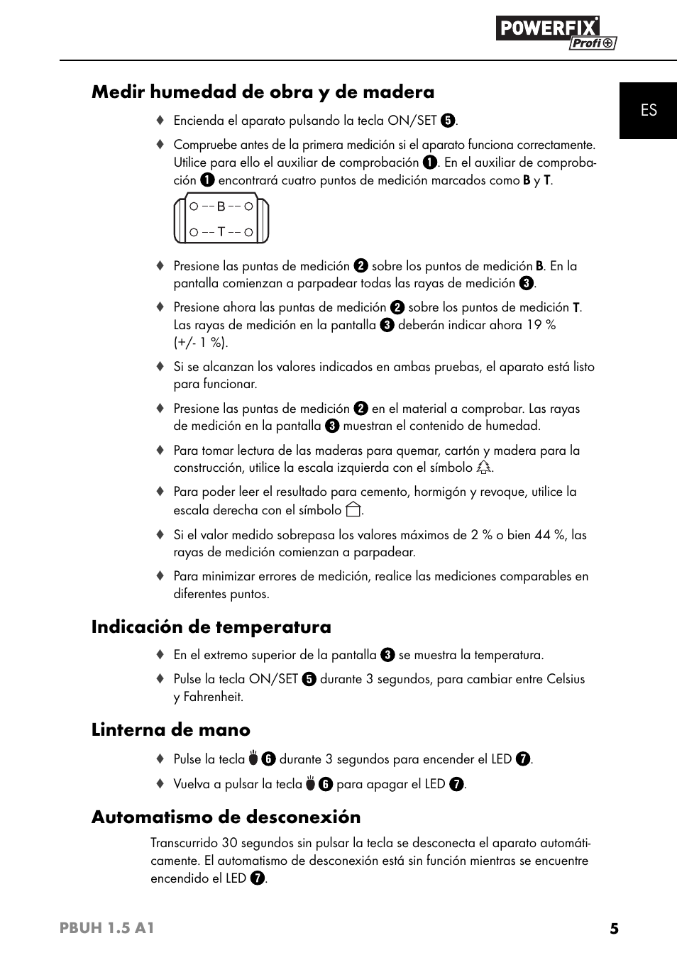 Medir humedad de obra y de madera, Indicación de temperatura, Linterna de mano | Automatismo de desconexión | Powerfix PBUH 1.5 A1 User Manual | Page 8 / 36