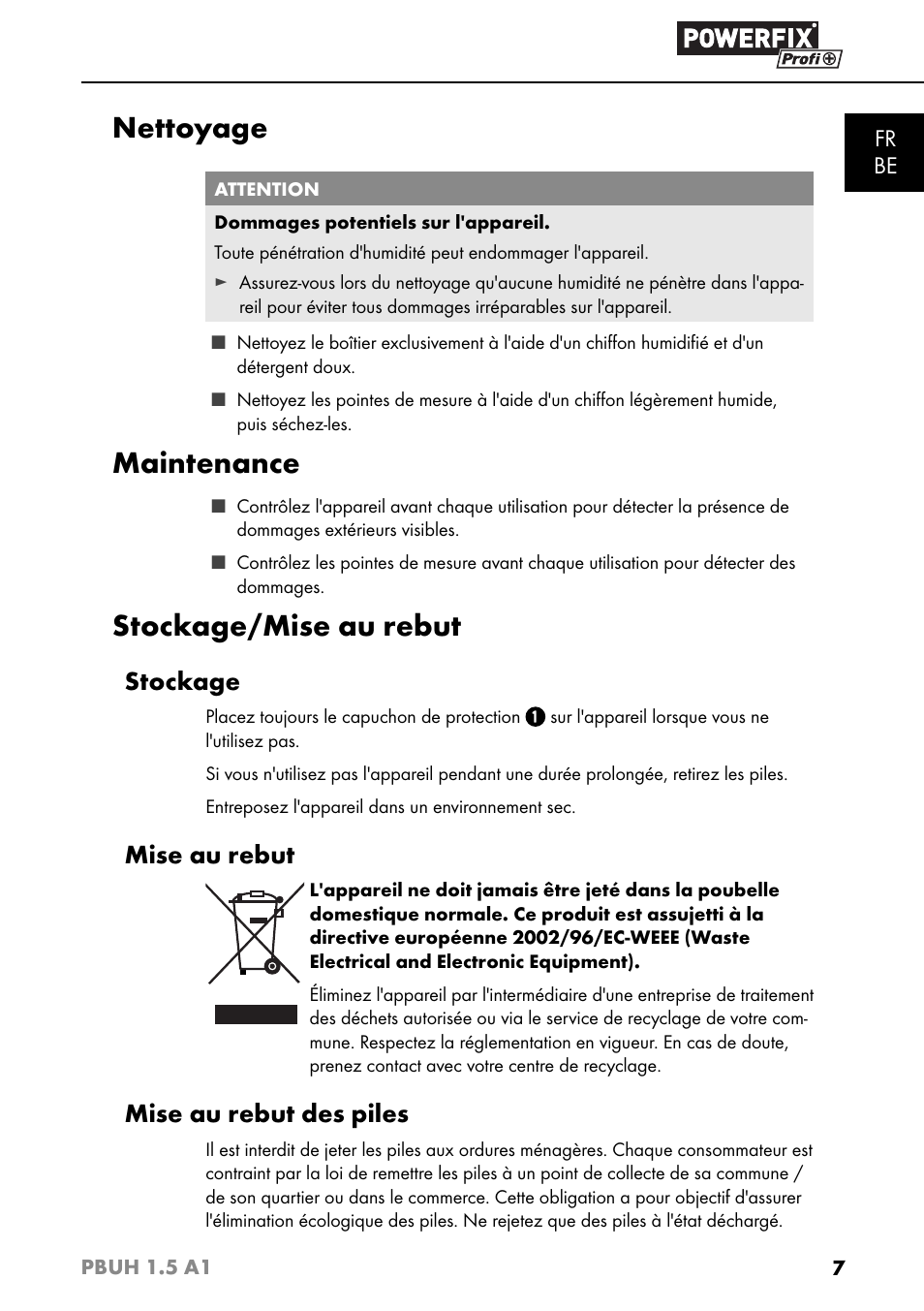 Nettoyage, Maintenance, Stockage/mise au rebut | Stockage, Mise au rebut, Mise au rebut des piles | Powerfix PBUH 1.5 A1 User Manual | Page 10 / 36