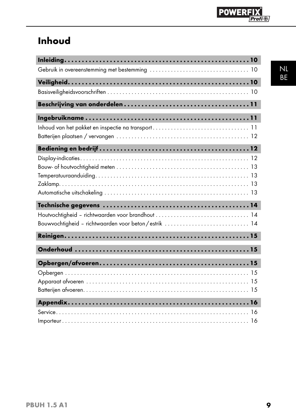 Inhoud, Nl be | Powerfix PBUH 1.5 A1 User Manual | Page 12 / 36