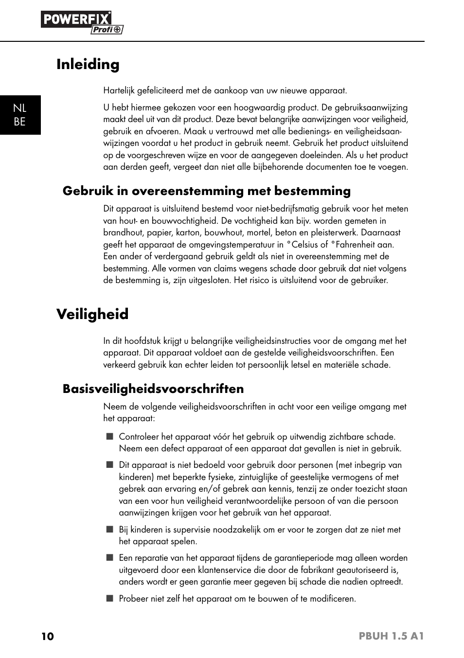 Inleiding, Veiligheid, Gebruik in overeenstemming met bestemming | Basisveiligheidsvoorschriften | Powerfix PBUH 1.5 A1 User Manual | Page 13 / 36