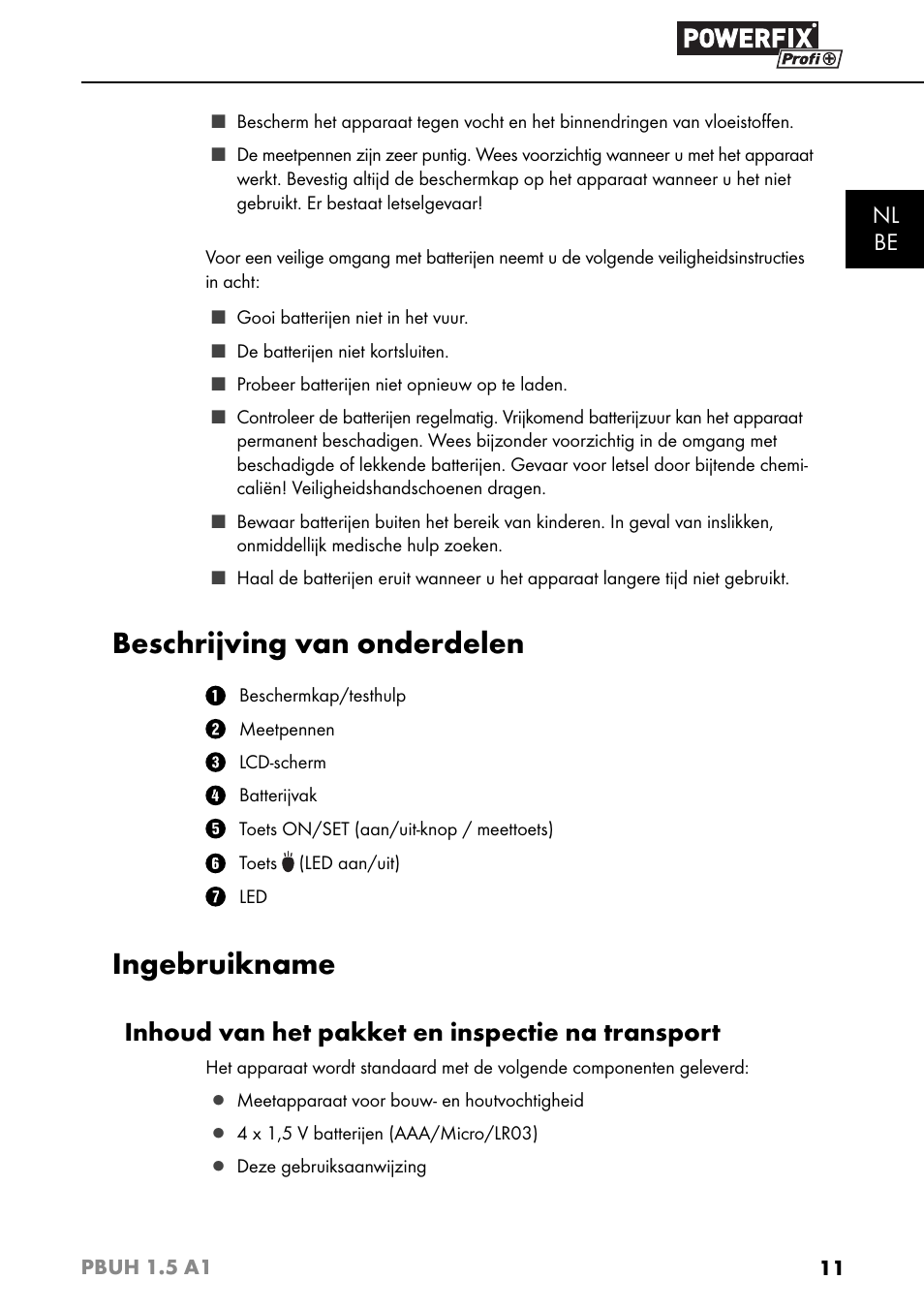 Beschrijving van onderdelen, Ingebruikname, Inhoud van het pakket en inspectie na transport | Nl be | Powerfix PBUH 1.5 A1 User Manual | Page 14 / 36