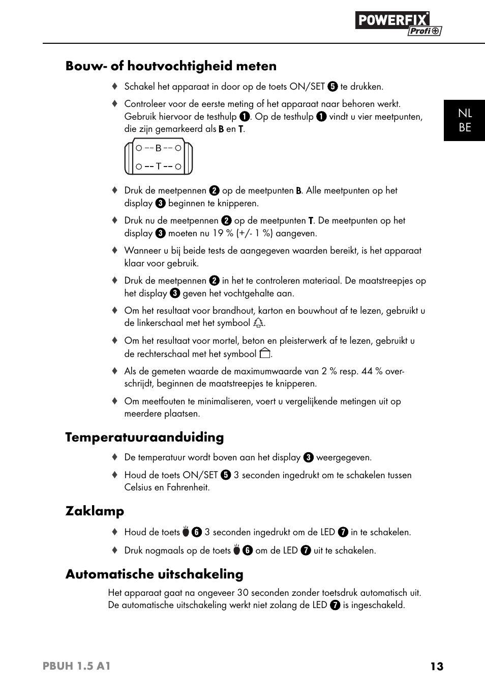 Bouw- of houtvochtigheid meten, Temperatuuraanduiding, Zaklamp | Automatische uitschakeling, Nl be | Powerfix PBUH 1.5 A1 User Manual | Page 16 / 36