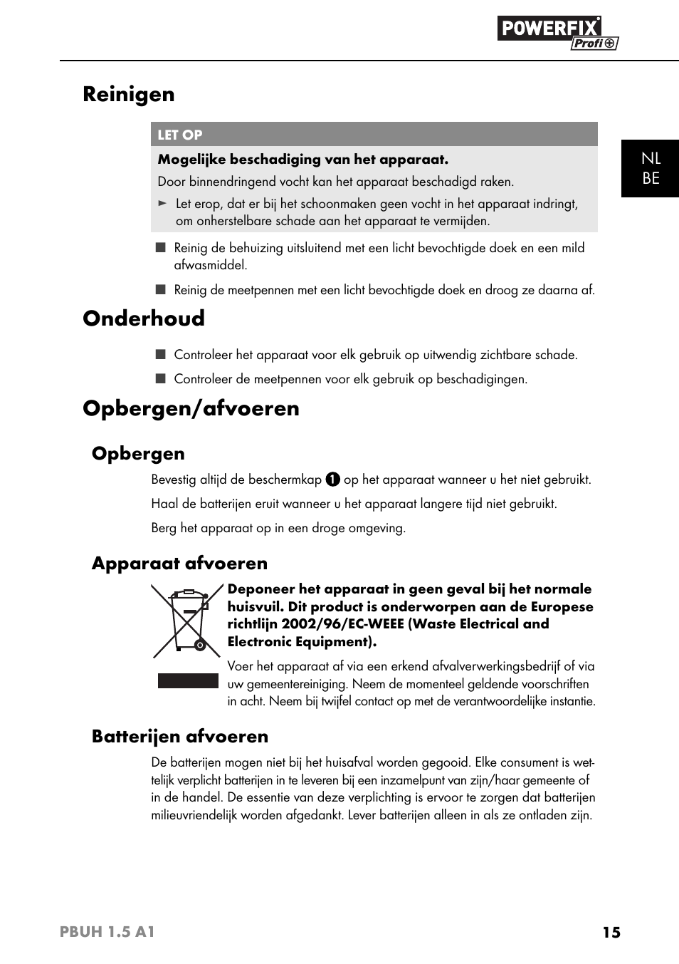 Reinigen, Onderhoud, Opbergen/afvoeren | Opbergen, Apparaat afvoeren, Batterijen afvoeren | Powerfix PBUH 1.5 A1 User Manual | Page 18 / 36