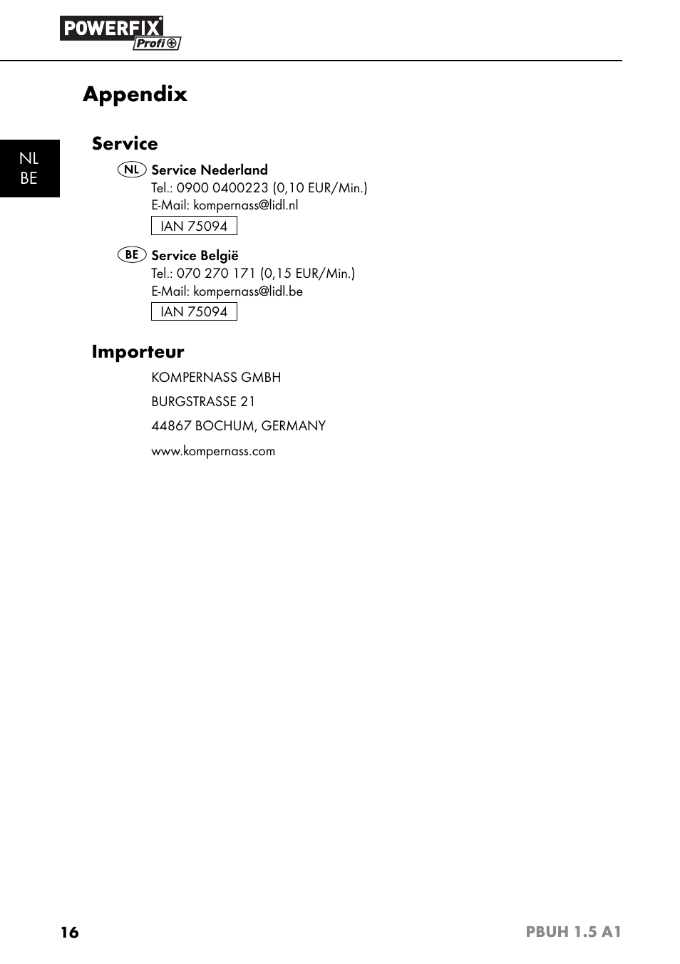 Appendix, Service, Importeur | Powerfix PBUH 1.5 A1 User Manual | Page 19 / 36