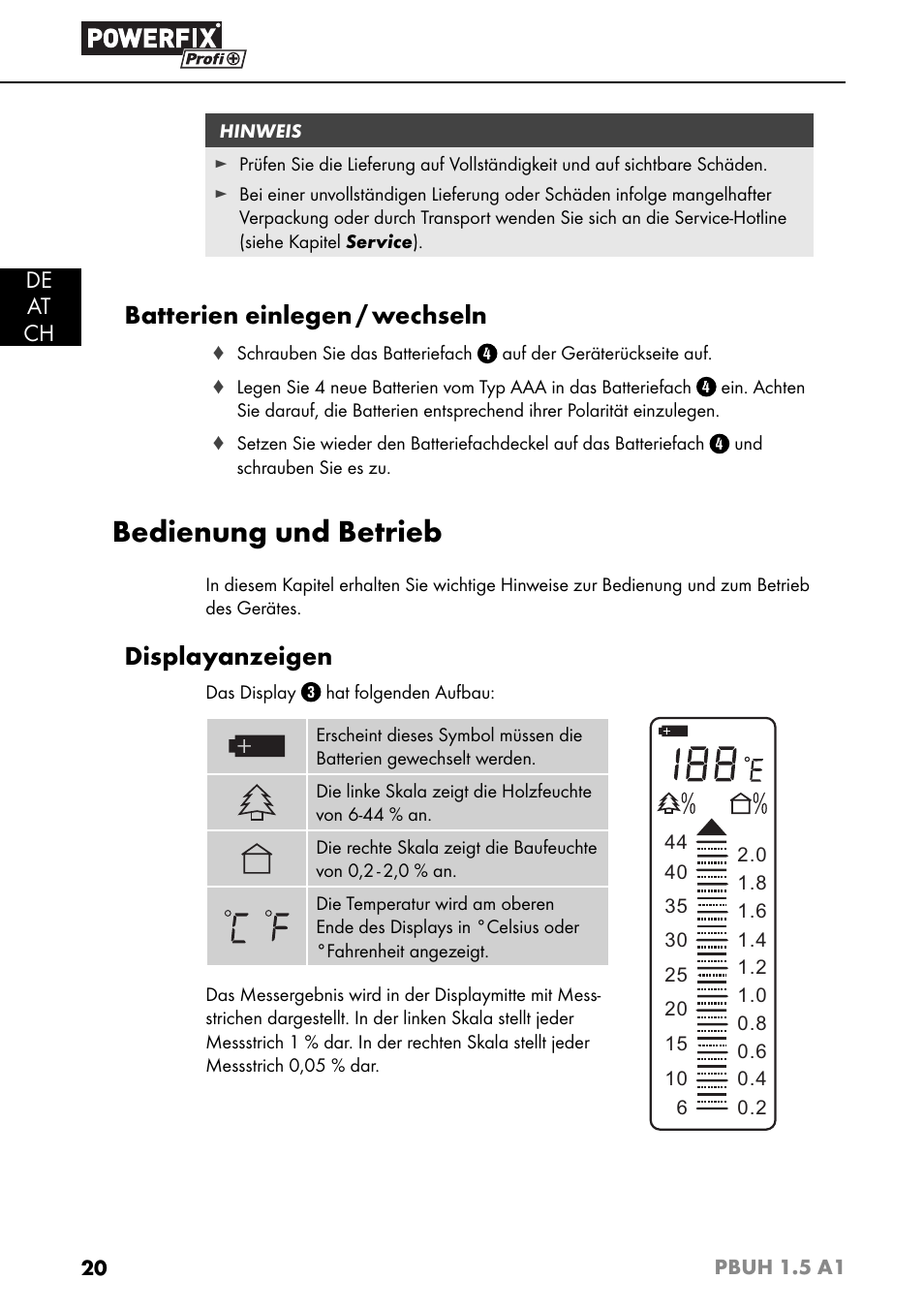 Bedienung und betrieb, Batterien einlegen / wechseln, Displayanzeigen | De at ch | Powerfix PBUH 1.5 A1 User Manual | Page 23 / 36