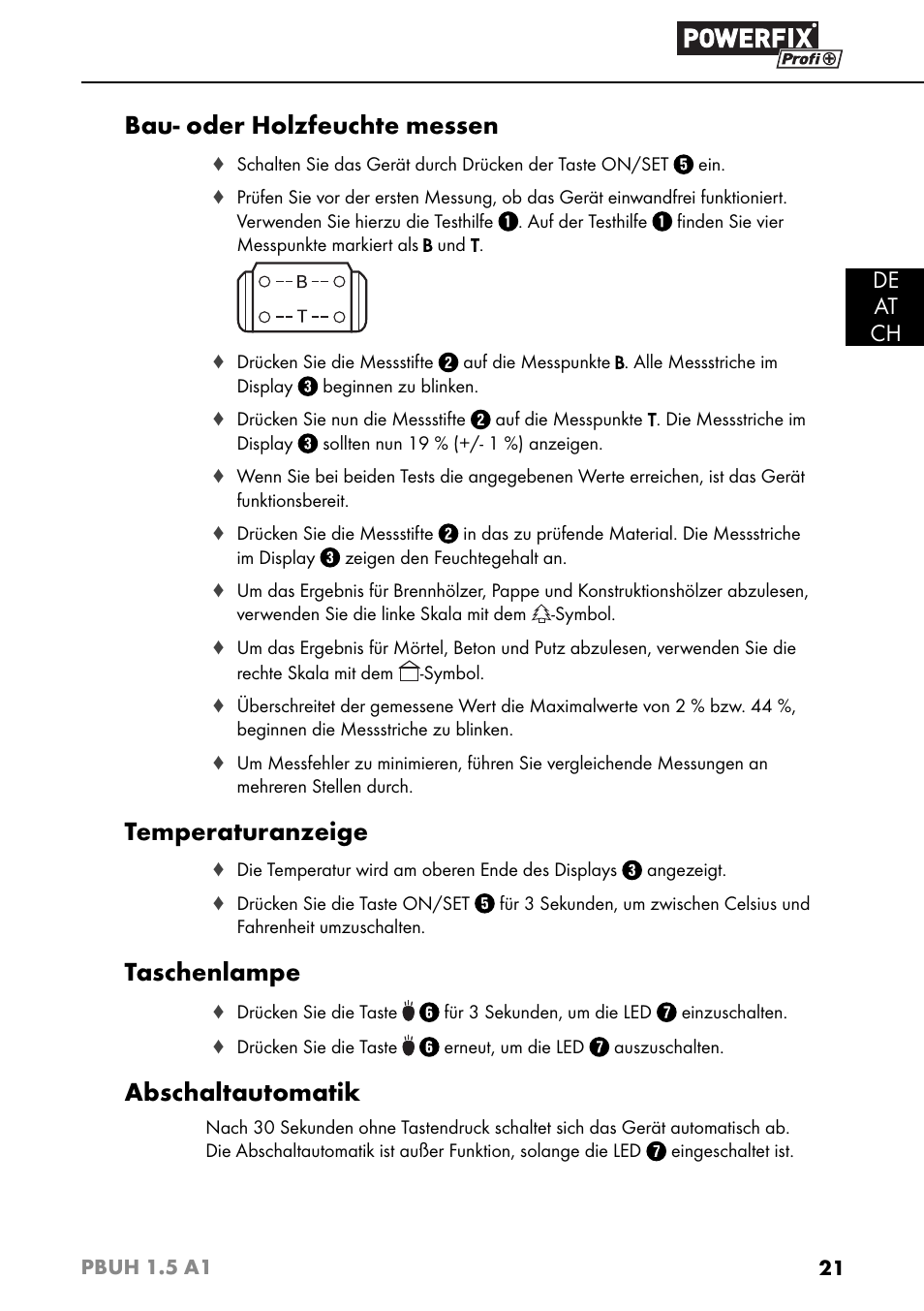 Bau- oder holzfeuchte messen, Temperaturanzeige, Taschenlampe | Abschaltautomatik, De at ch | Powerfix PBUH 1.5 A1 User Manual | Page 24 / 36