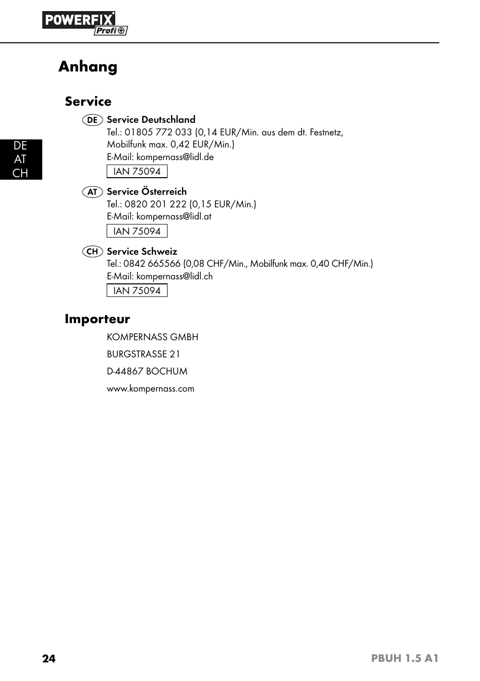 Anhang, Service, Importeur | Powerfix PBUH 1.5 A1 User Manual | Page 27 / 36