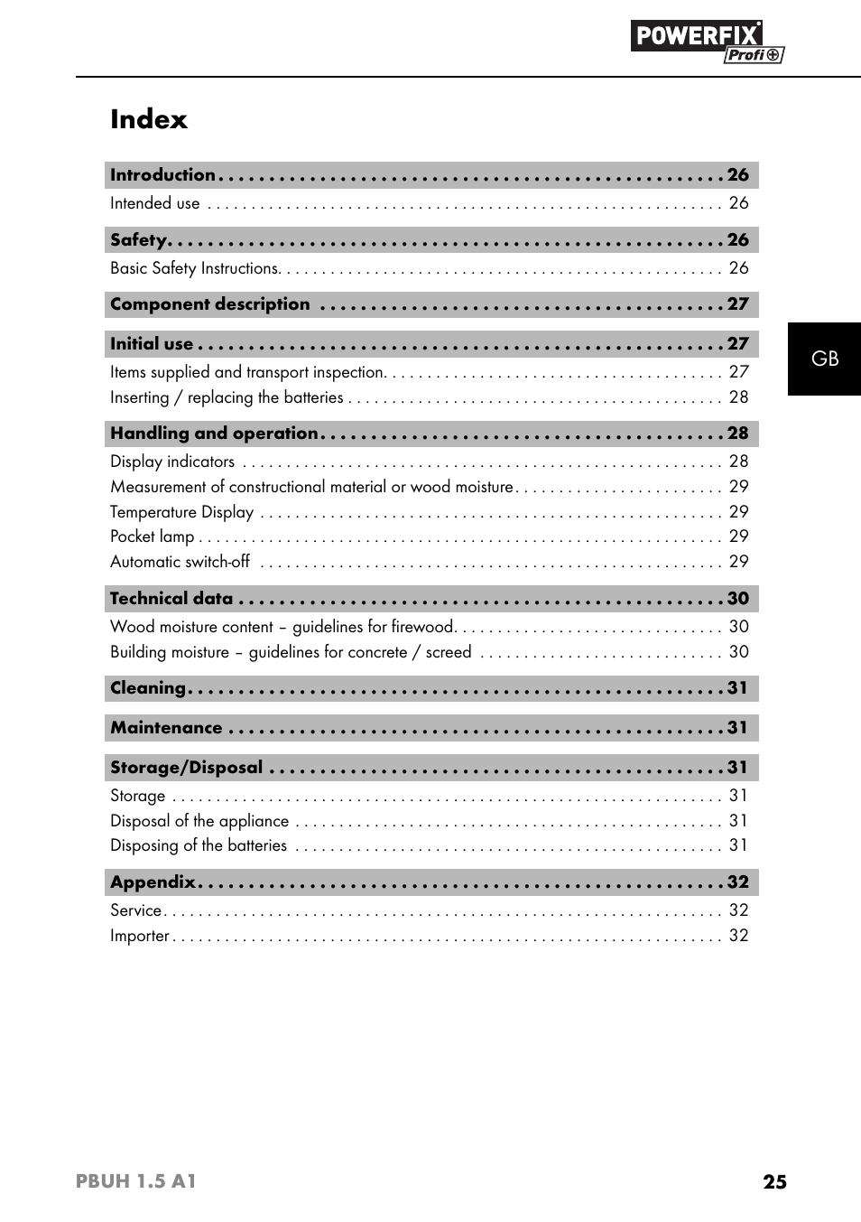 Index | Powerfix PBUH 1.5 A1 User Manual | Page 28 / 36