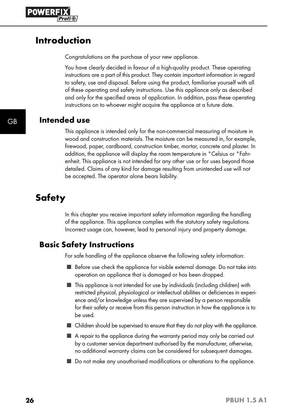 Introduction, Safety, Intended use | Basic safety instructions | Powerfix PBUH 1.5 A1 User Manual | Page 29 / 36