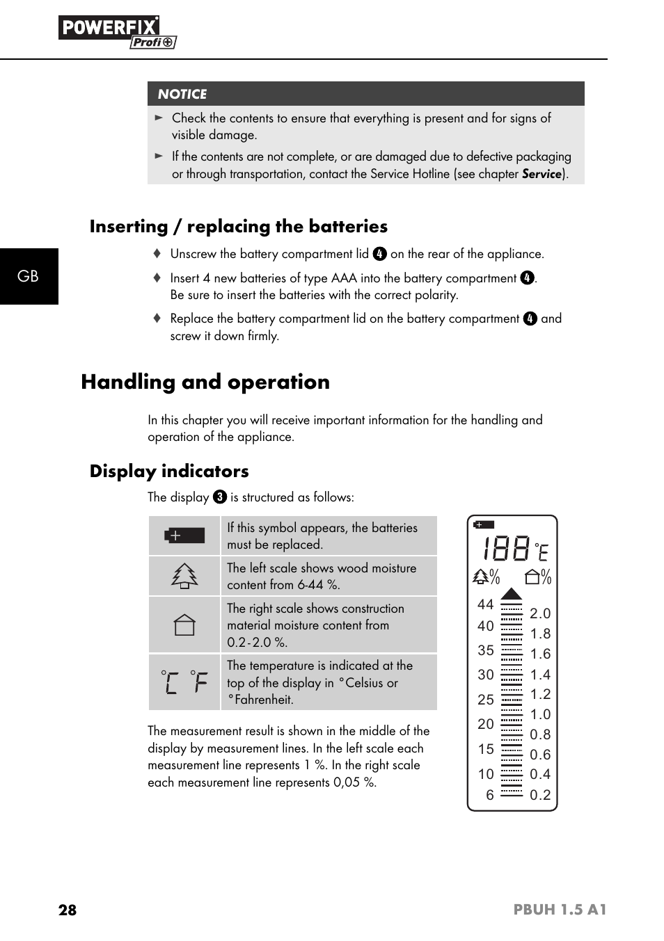 Handling and operation, Inserting / replacing the batteries, Display indicators | Powerfix PBUH 1.5 A1 User Manual | Page 31 / 36