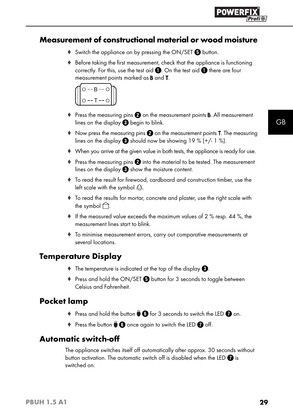 Temperature display, Pocket lamp, Automatic switch-oﬀ | Powerfix PBUH 1.5 A1 User Manual | Page 32 / 36