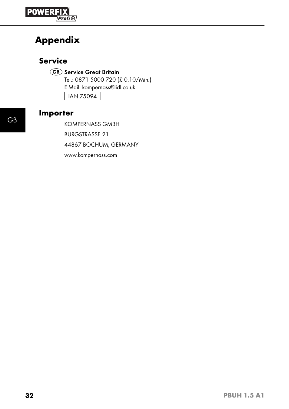 Appendix, Service, Importer | Powerfix PBUH 1.5 A1 User Manual | Page 35 / 36