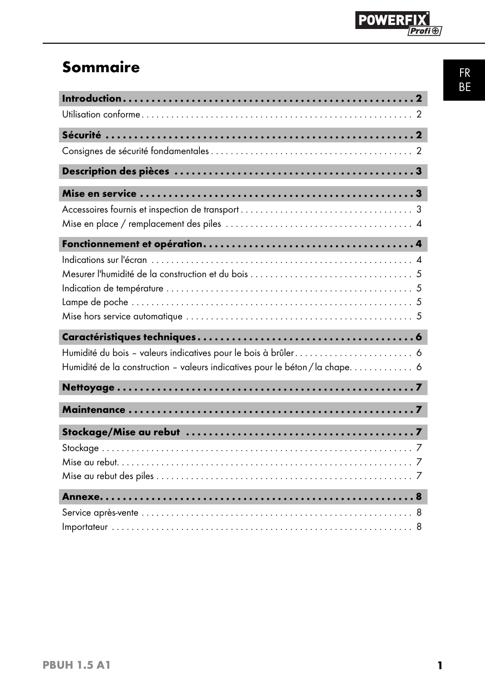 Sommaire, Fr be | Powerfix PBUH 1.5 A1 User Manual | Page 4 / 36