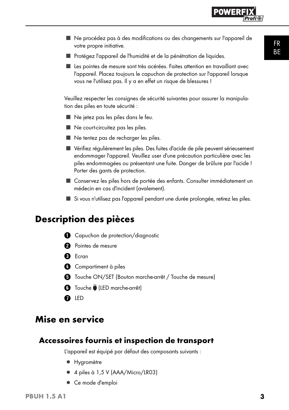 Description des pièces, Mise en service, Accessoires fournis et inspection de transport | Fr be | Powerfix PBUH 1.5 A1 User Manual | Page 6 / 36