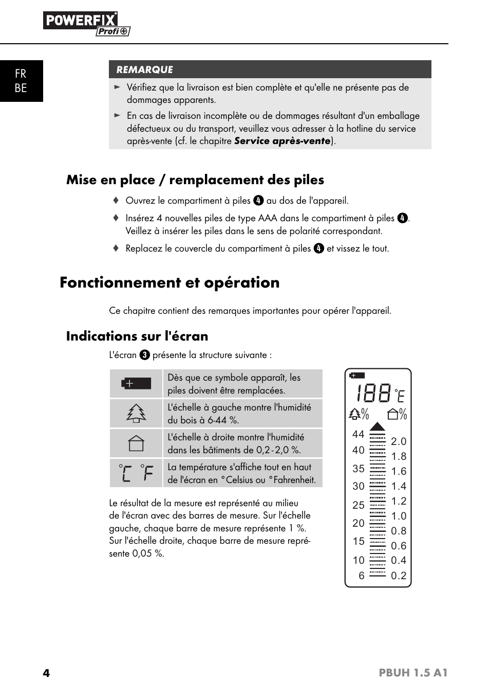 Fonctionnement et opération, Mise en place / remplacement des piles, Indications sur l'écran | Fr be | Powerfix PBUH 1.5 A1 User Manual | Page 7 / 36