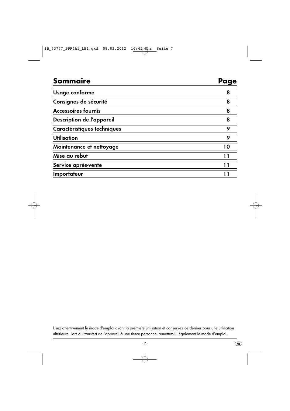 Sommaire page | Powerfix PPR 4 A1 User Manual | Page 10 / 33