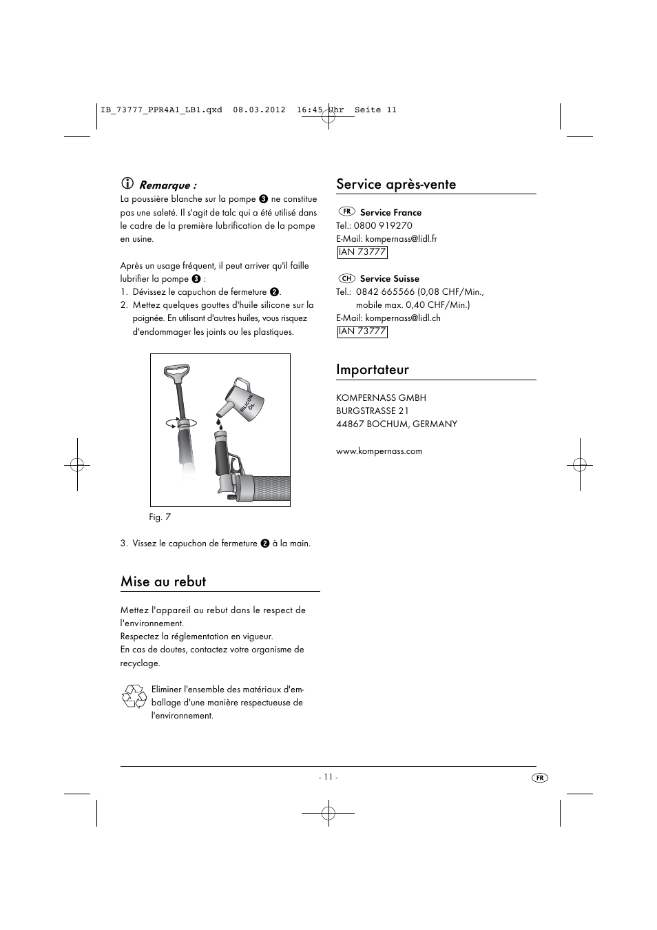 Mise au rebut, Service après-vente, Importateur | Remarque | Powerfix PPR 4 A1 User Manual | Page 14 / 33