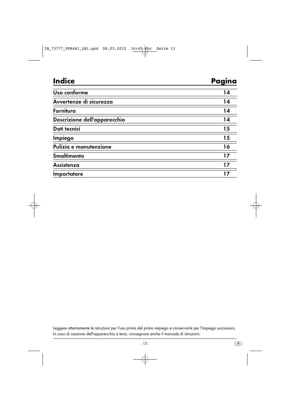 Indice pagina | Powerfix PPR 4 A1 User Manual | Page 16 / 33