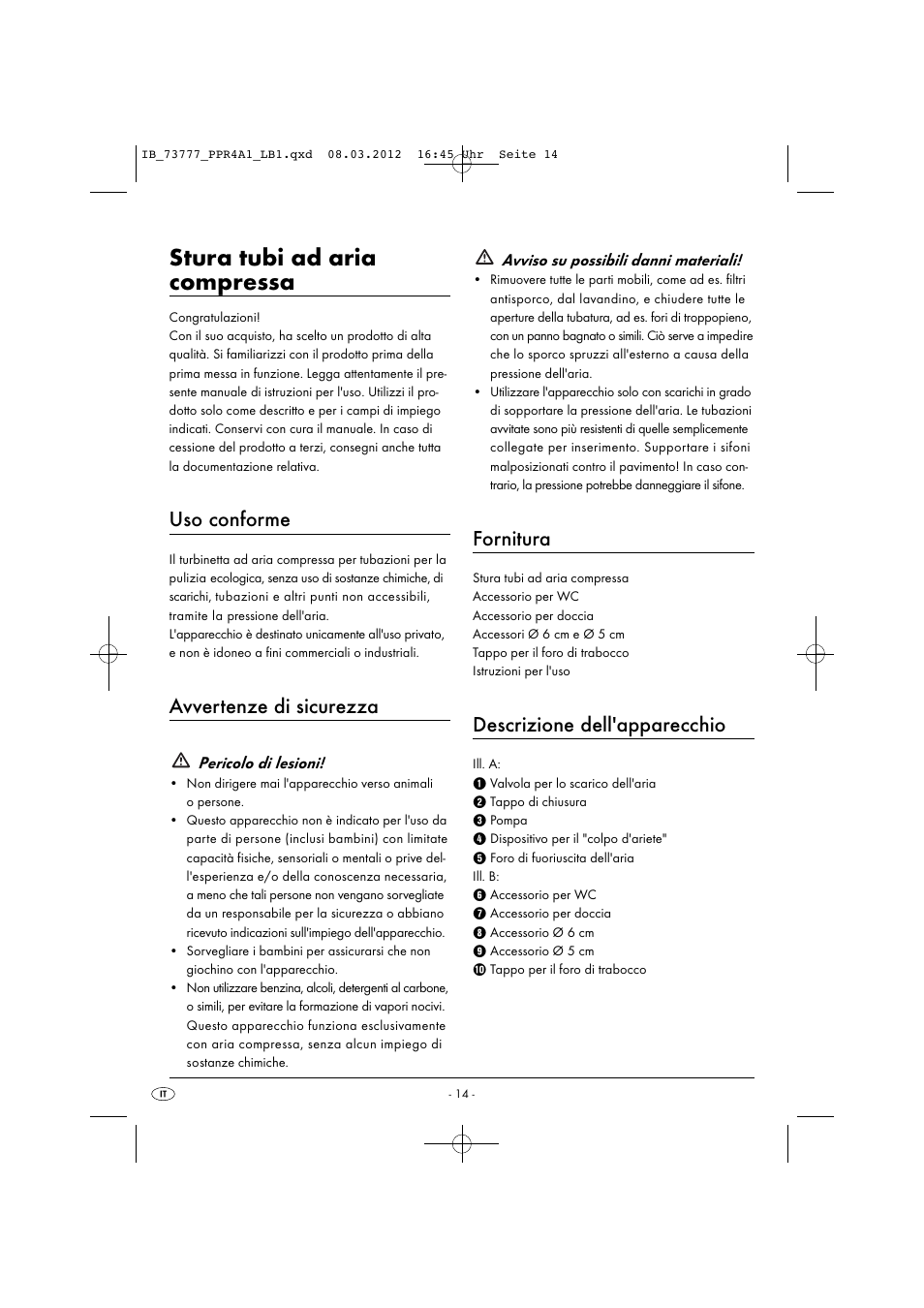 Stura tubi ad aria compressa, Uso conforme, Avvertenze di sicurezza | Fornitura, Descrizione dell'apparecchio | Powerfix PPR 4 A1 User Manual | Page 17 / 33