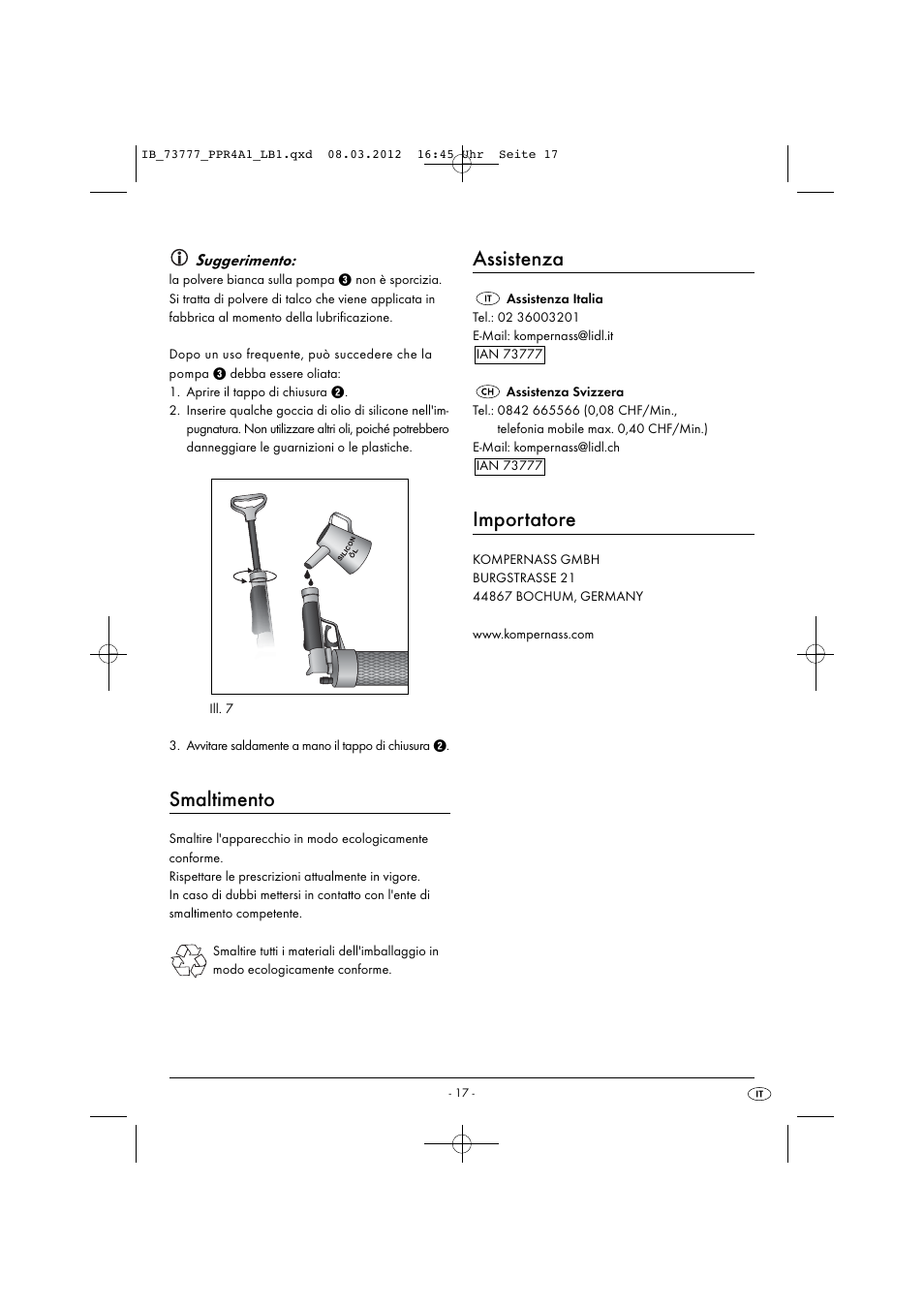 Smaltimento, Assistenza, Importatore | Suggerimento | Powerfix PPR 4 A1 User Manual | Page 20 / 33