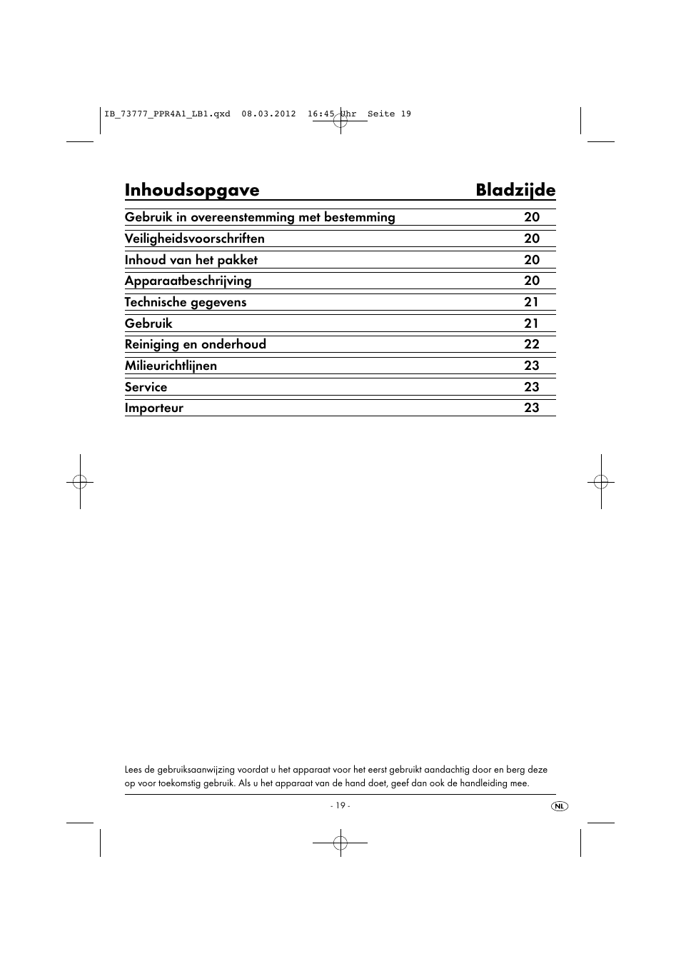 Inhoudsopgave bladzijde | Powerfix PPR 4 A1 User Manual | Page 22 / 33