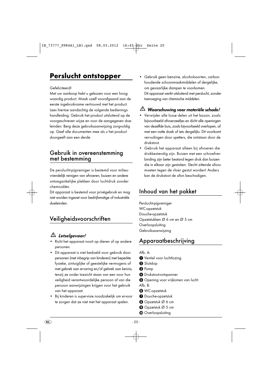 Perslucht ontstopper, Gebruik in overeenstemming met bestemming, Veiligheidsvoorschriften | Inhoud van het pakket, Apparaatbeschrijving | Powerfix PPR 4 A1 User Manual | Page 23 / 33