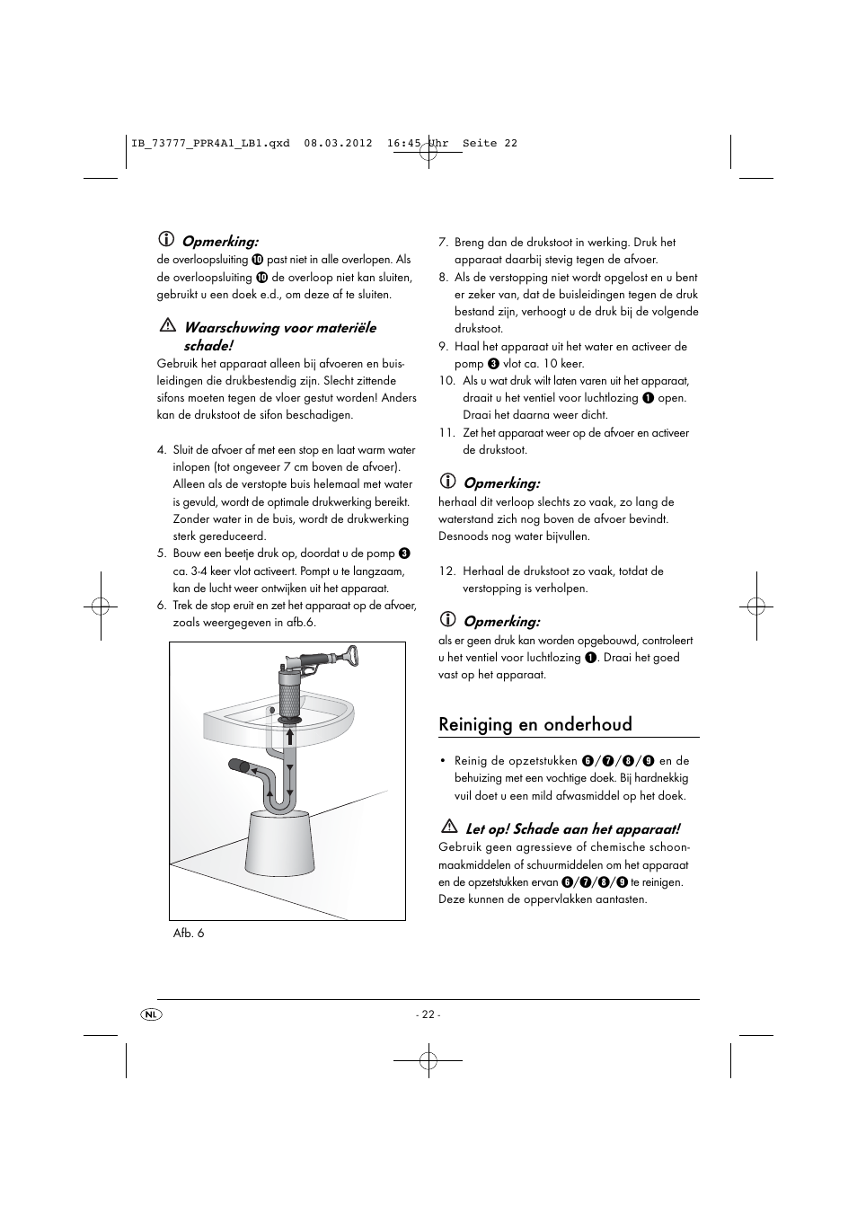 Reiniging en onderhoud, Opmerking, Waarschuwing voor materiële schade | Let op! schade aan het apparaat | Powerfix PPR 4 A1 User Manual | Page 25 / 33