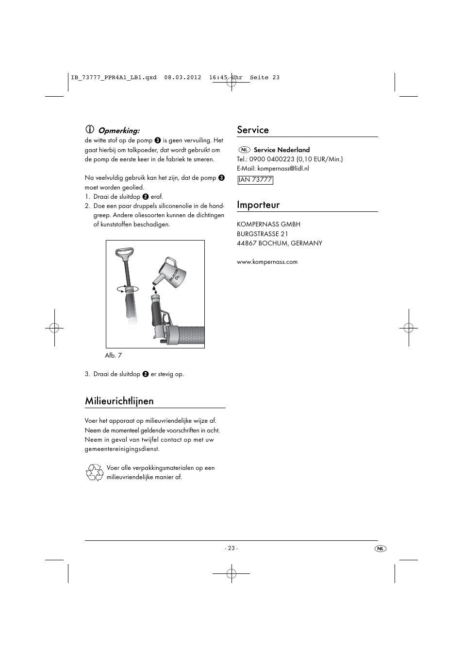 Milieurichtlijnen, Service, Importeur | Powerfix PPR 4 A1 User Manual | Page 26 / 33