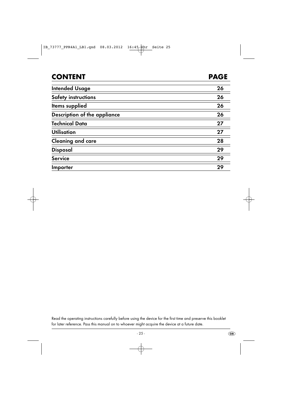 Content page | Powerfix PPR 4 A1 User Manual | Page 28 / 33