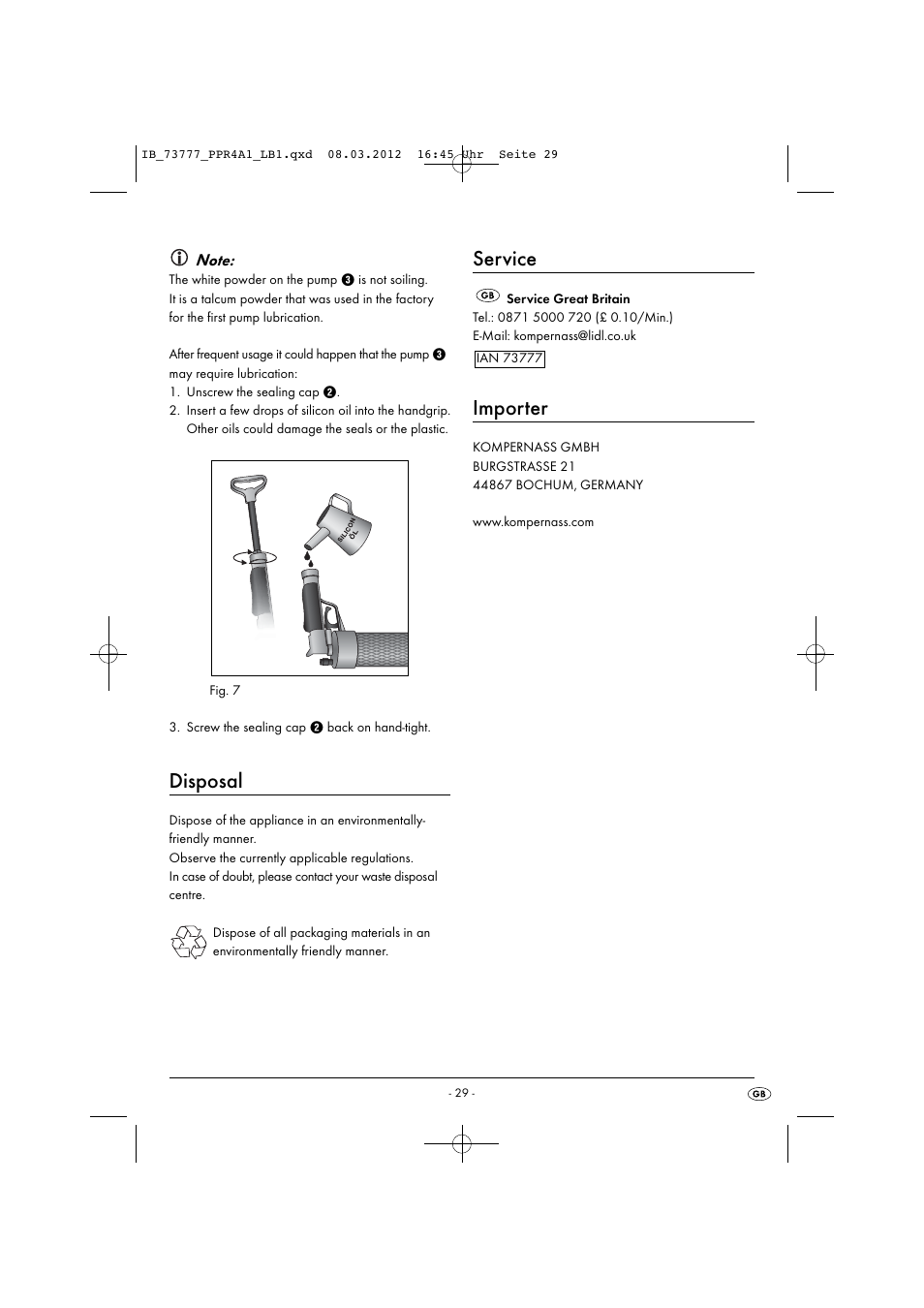 Disposal, Service, Importer | Powerfix PPR 4 A1 User Manual | Page 32 / 33