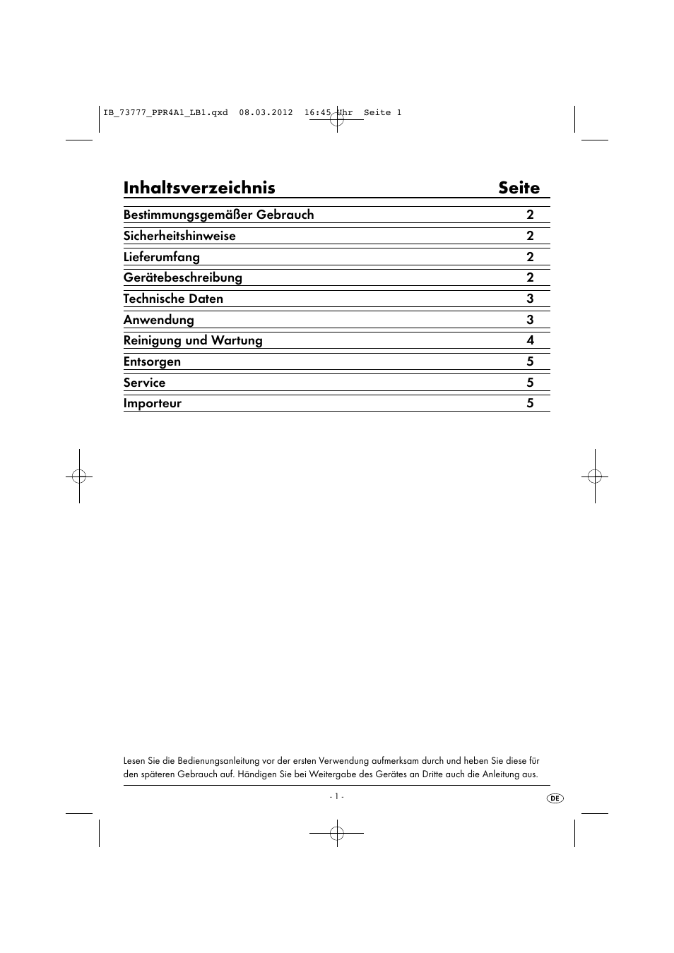 Inhaltsverzeichnis seite | Powerfix PPR 4 A1 User Manual | Page 4 / 33