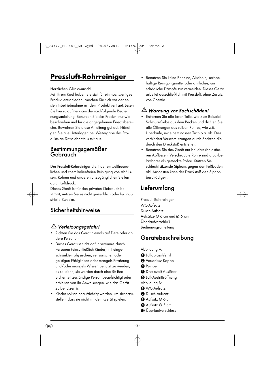 Pressluft-rohrreiniger, Bestimmungsgemäßer gebrauch, Sicherheitshinweise | Lieferumfang, Gerätebeschreibung | Powerfix PPR 4 A1 User Manual | Page 5 / 33