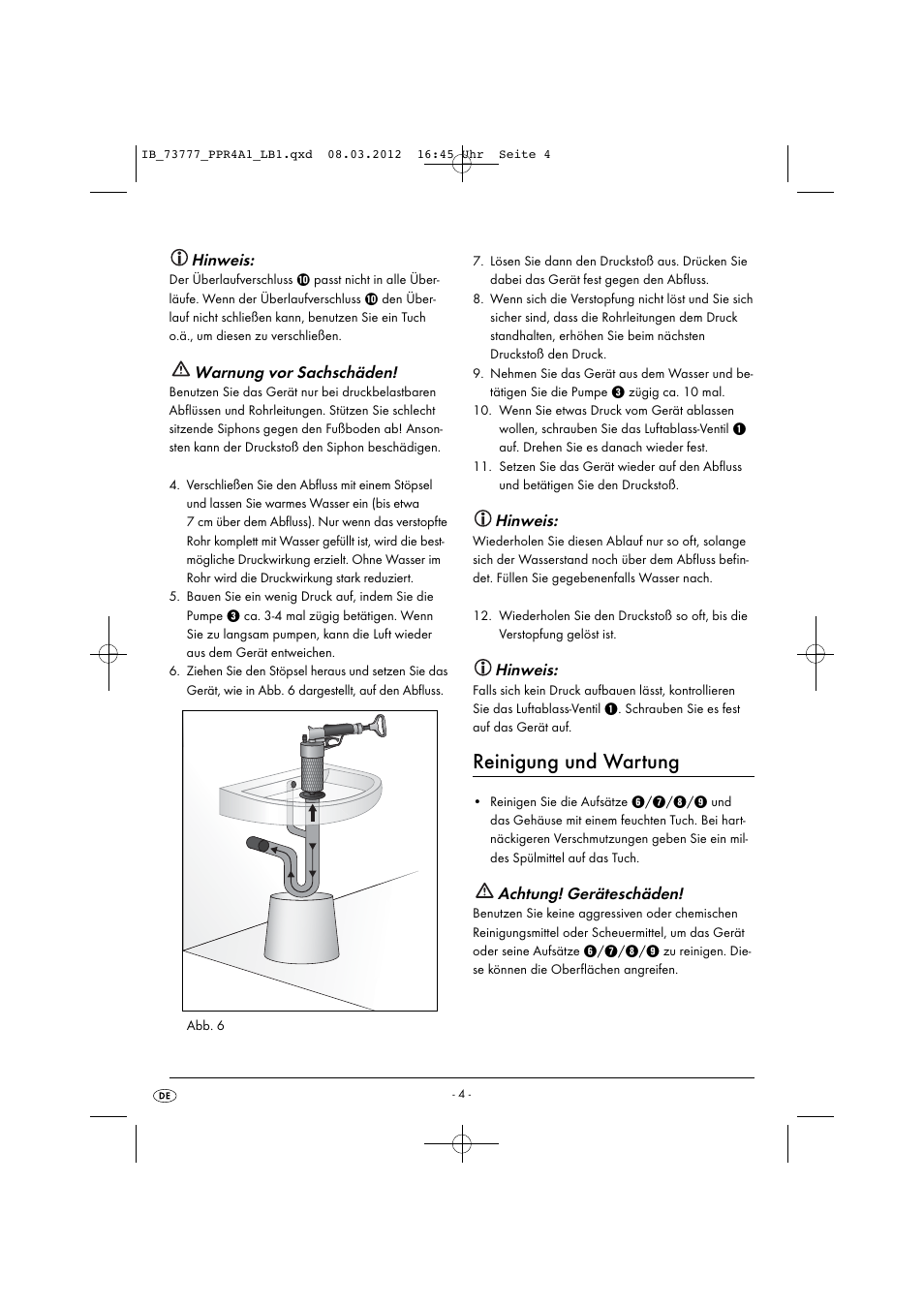 Reinigung und wartung, Hinweis, Warnung vor sachschäden | Achtung! geräteschäden | Powerfix PPR 4 A1 User Manual | Page 7 / 33