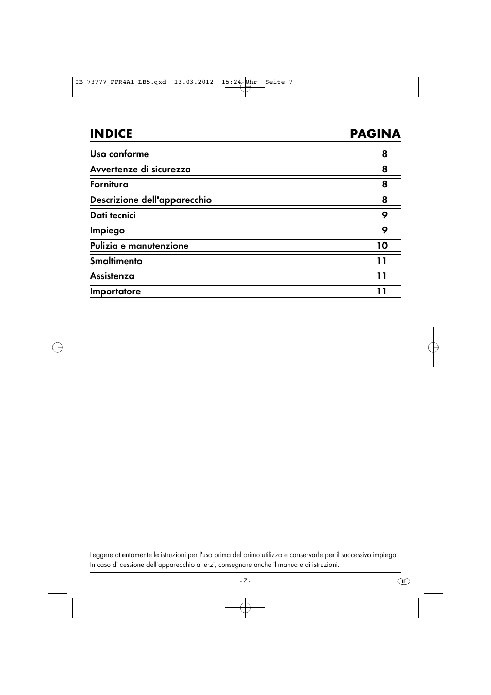 Indice pagina | Powerfix PPR 4 A1 User Manual | Page 10 / 27