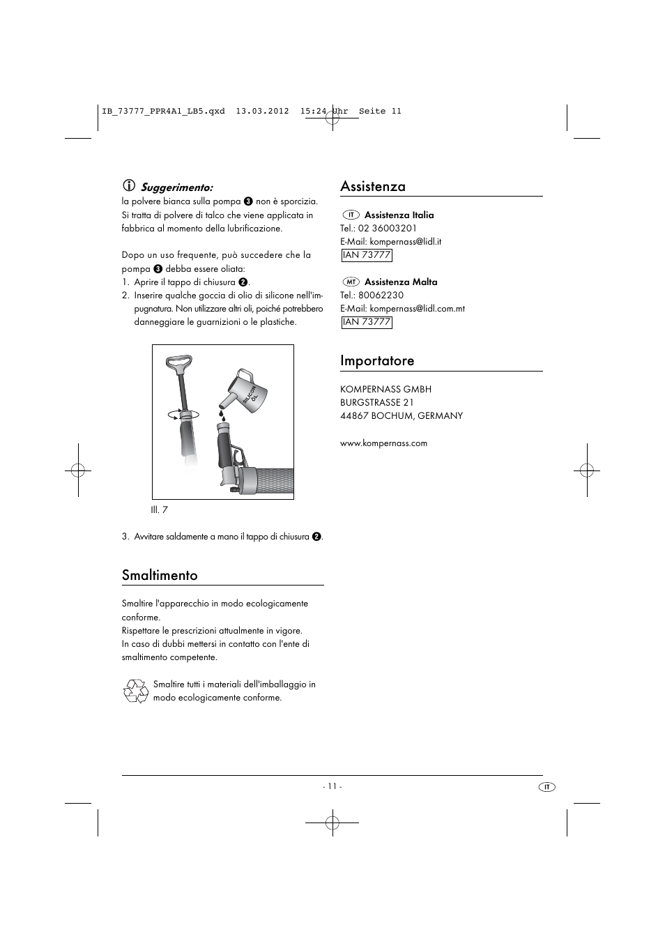 Smaltimento, Assistenza, Importatore | Powerfix PPR 4 A1 User Manual | Page 14 / 27
