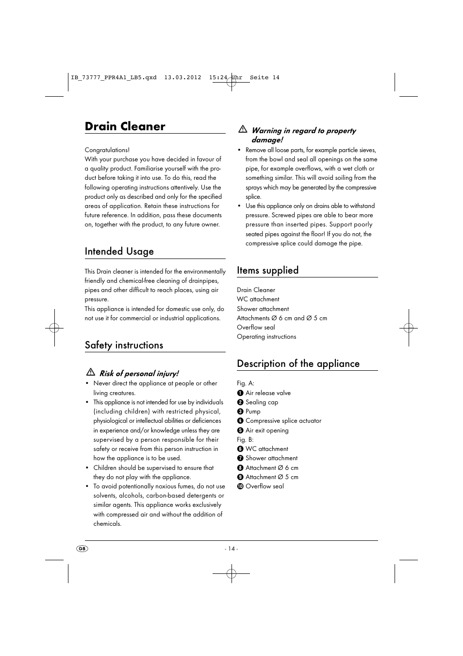 Drain cleaner, Intended usage, Safety instructions | Items supplied, Description of the appliance | Powerfix PPR 4 A1 User Manual | Page 17 / 27