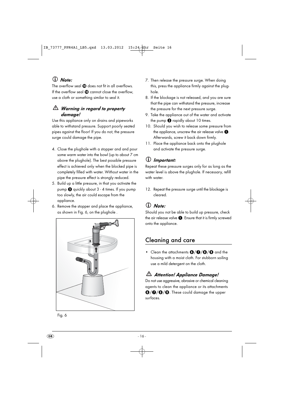 Cleaning and care, Warning in regard to property damage, Important | Attention! appliance damage | Powerfix PPR 4 A1 User Manual | Page 19 / 27